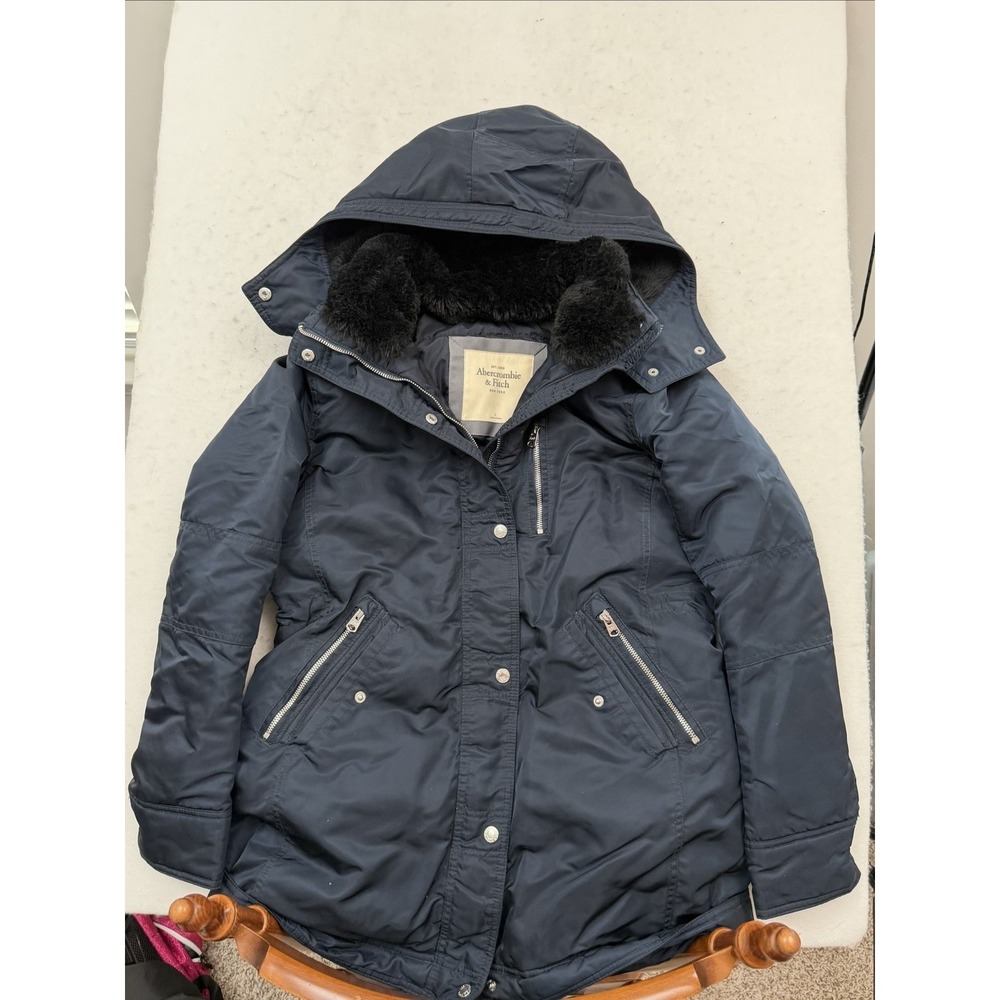 Abercrombie & Fitch Ultra Parka Jacket‎ Navy Faux Fur Winter Ski Coat Womens L